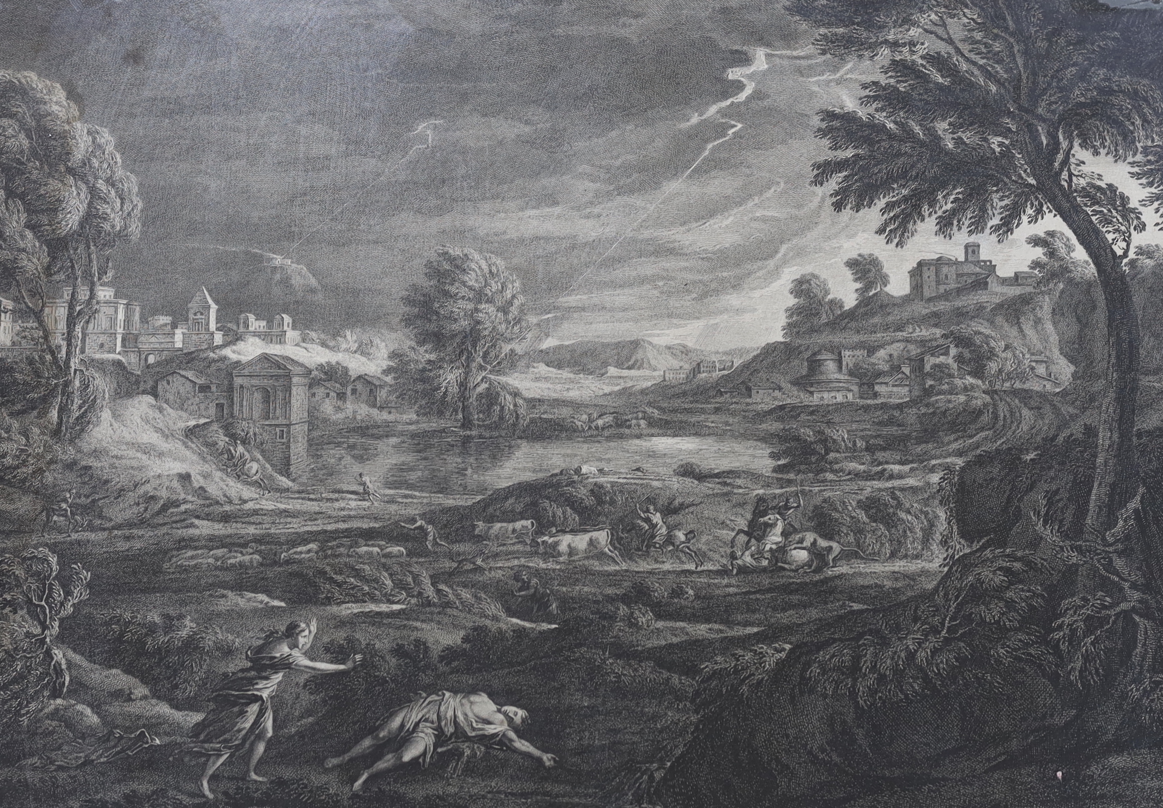 After Nicolas Poussin (1595 - 1665), 18th century etching, 'A Land Storm', 47 x 59cm
